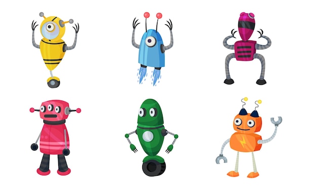 Funny Robots with Metallic Body and Limbs Moving Around Vector Set