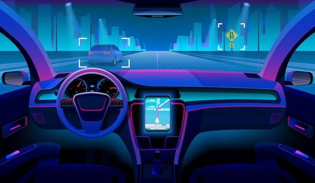Future autonomous vehicle, driverless car interior with obstacles and night landscape outside