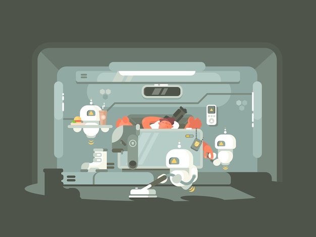 Future time, robots work, person lying on bed. Vector illustration