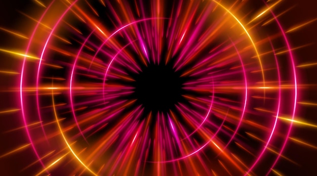 Futuristic abstract background with a radial burst of light and energy dynamics emanating from the center Speed Red orange and yellow light rays emit and create glowing particle effects