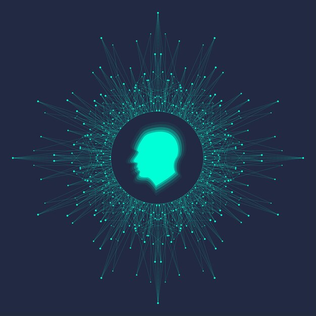 Futuristic Artificial Intelligence and Machine Learning Concept.. Human Big Data Visualization. Wave Flow Communication, Scientific vector illustration.