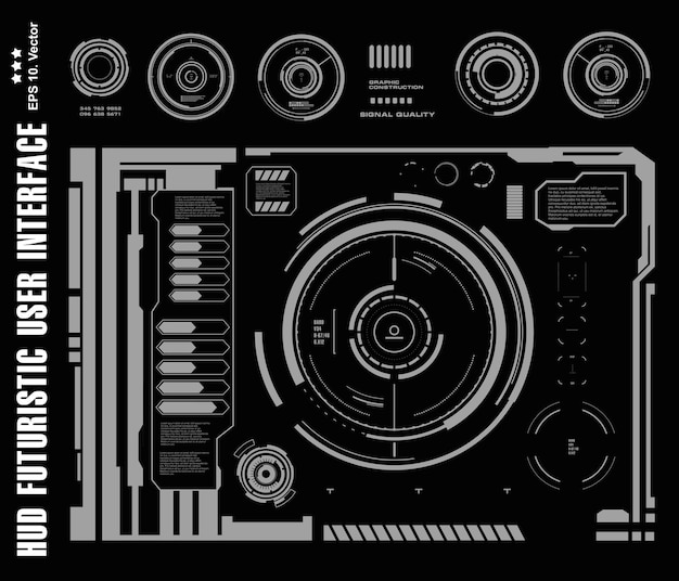 Futuristic black and white HUD virtual touch user interface in flat design virtual reality technology screen