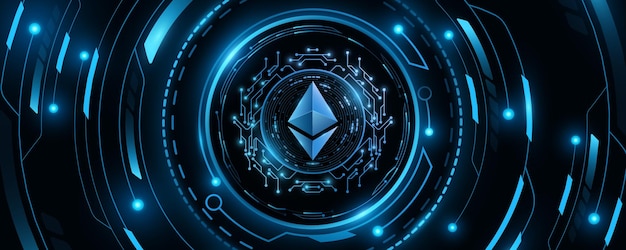 Futuristic cryptocurrency Ethereum against the background of a hitech board with HUD Digital coin