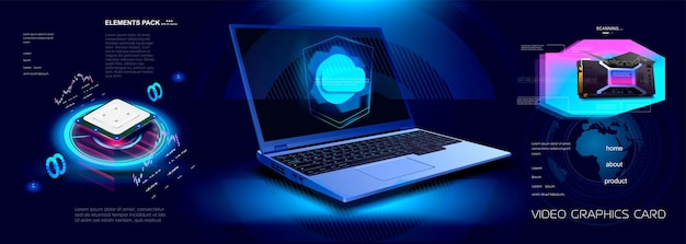 futuristic cyber banner with open laptop and computer components processor video card and laptop
