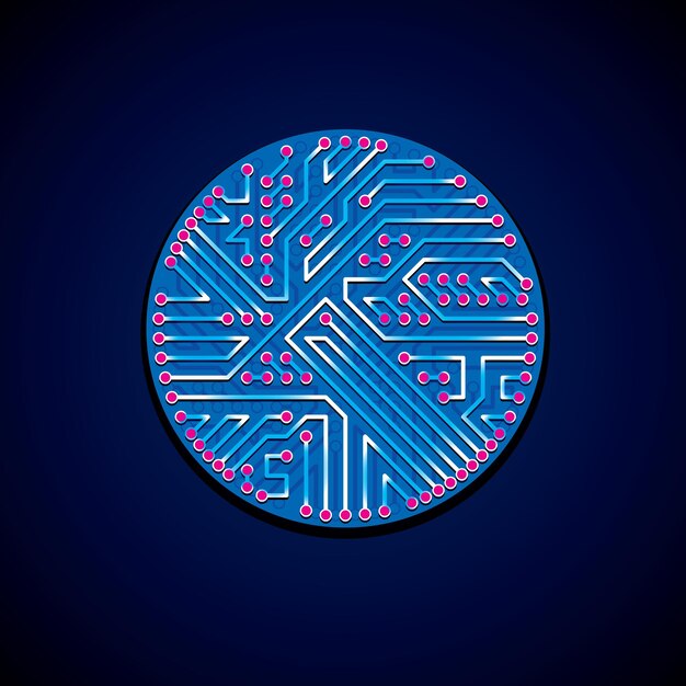 futuristic cybernetic scheme, vector motherboard blue and magenta illustration with neon lights. circular gleam element with circuit board texture.