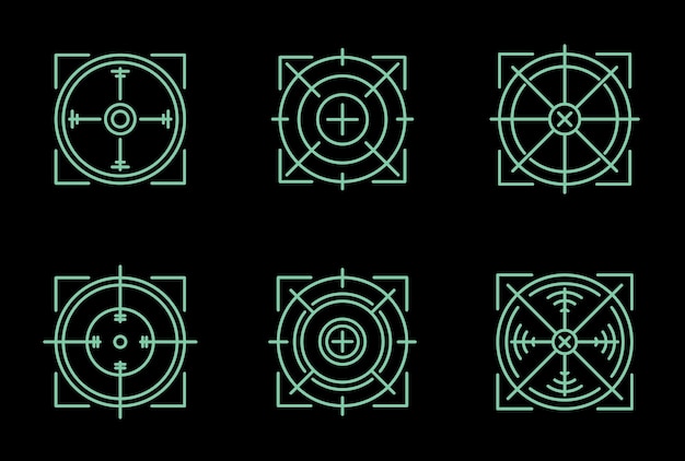 Futuristic green crosshair target scope vector set with scifi HUD elements on black background