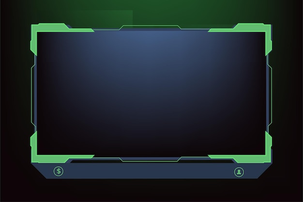 Futuristic green gaming overlay decoration for online gamers Live stream overlay vector with offline screen section and colorful buttons Live streaming overlay design for screen panels