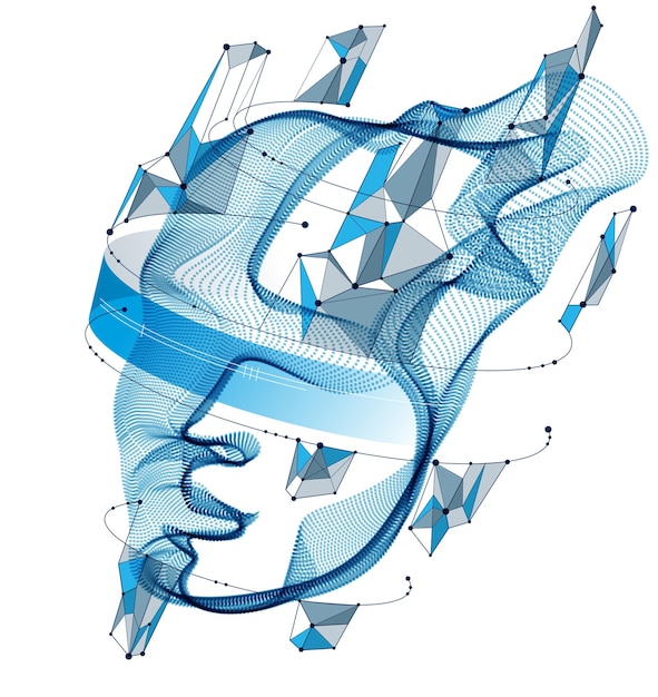 Futuristic idea of digital software soul of machine, spirit of technocratic time evolution period, human head vector illustration made of dotted particle flow array.