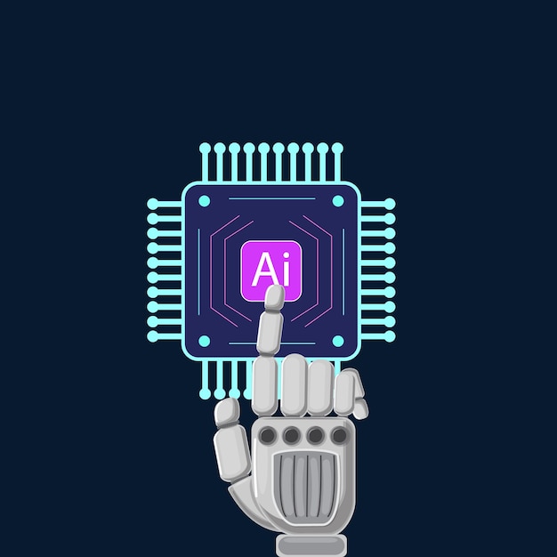 futuristic illustration of robot hand highlighting ai processor in a circuit filled environment