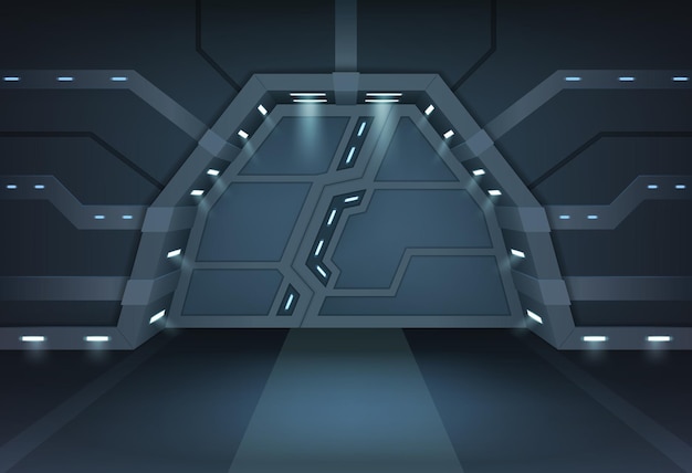 futuristic metal sliding doors. realistic interior of hallway in spaceship. closed gate with illuminated entrance frame. bunker or spacecraft exit concept. 3d vector illustration