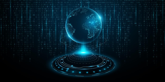 Futuristic planet Earth hologram into cyberspace Digital world map of glowing dots with HUD circles against the background of binary code Global communication system Big data Vector