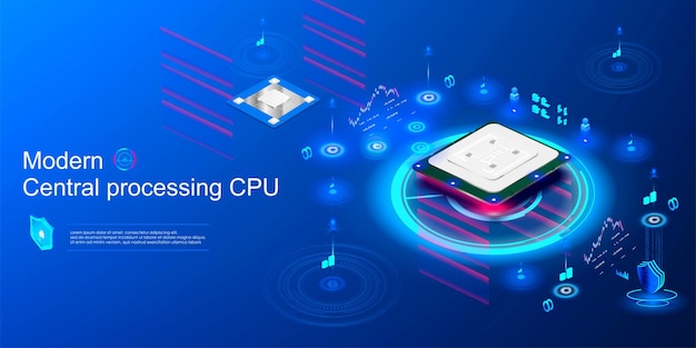 futuristic processor with lights holograms and portals isometric digital chip with server for rendering and data transmission applications and cryptocurrency mining