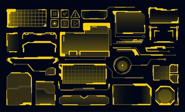 Futuristic tech HUD interface elements Digital control panels cyber UI frames digital buttons callout bar Sci Fi screens with grid patterns and dashboard message window frame vector set