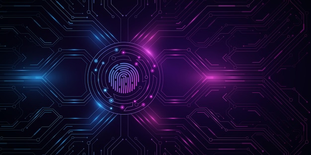 Futuristic touch display with fingerprint verification for user interface Glowing cpu board Storage of network user data UI and UX design Vector illustration