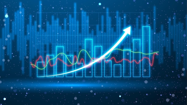 Fütüristik teknoloji stilinde borsa büyümesi. Mavi arka planda başarılı finansal grafik