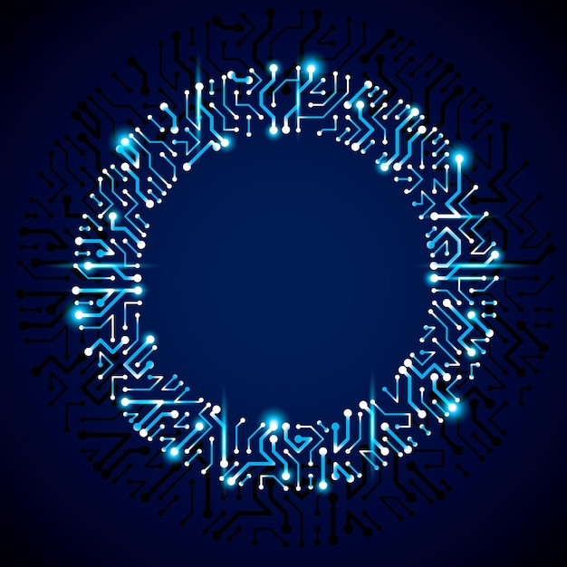 Futuristisk cybernetisk ordning, vektor-motherboard blå illustration med neonlys. Cirkulært skinnelement med kredsløbskorttekstur.