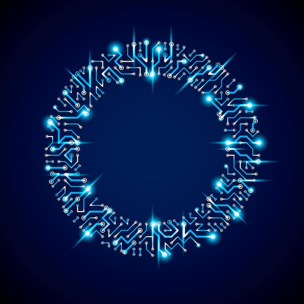 Futuristisk cybernetisk ordning, vektor-motherboard blå illustration med neonlys. Cirkulært skinnelement med kredsløbskorttekstur.