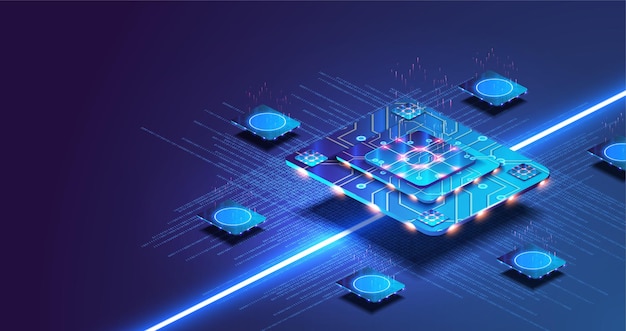 Futuristisk mikrochip-processor med ljus på blå bakgrund. Kvantdator, stort databearbetningsdatabas-koncept. Artificiell intelligens och robotteknik, kvantdatabehandlingsprocessorkoncept