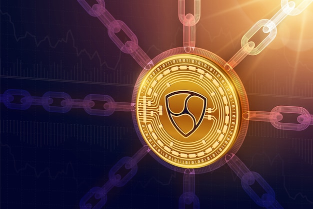 Fysiskt Nem-mynt med trådramskedja. Blockchain-koncept.