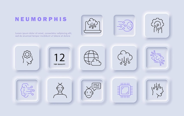 Gadgets set line icon Artificial intelligence eye gear technology robot planet neurons Internet Neomorphism style Vector line icon for business and advertising