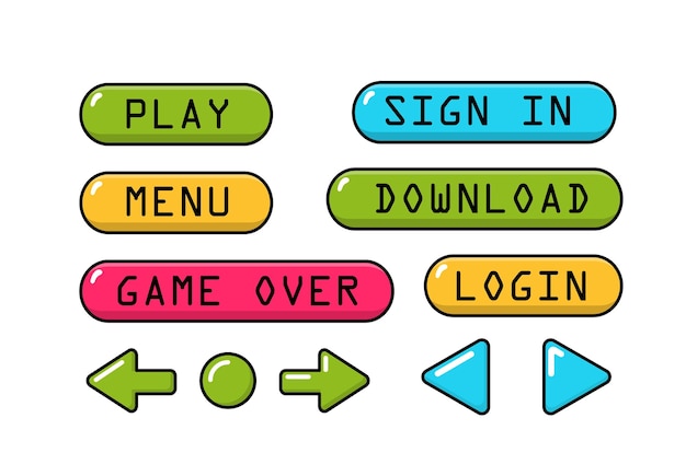 Game buttons in retro style set Design elements for mobile programs and applications interface for website in pixel style 8 bit Cartoon flat vector collection isolated on white background