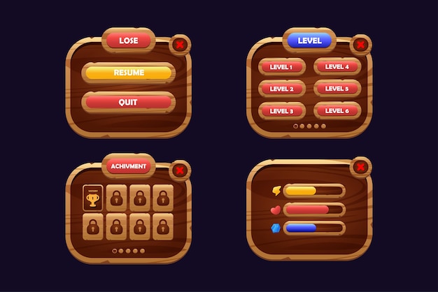 Game buttons of wooden and gold texture cartoon menu interface elements