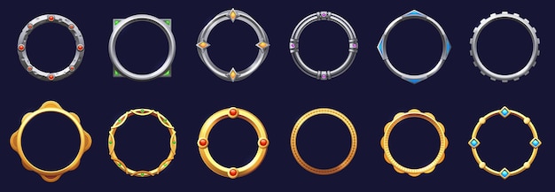 Game circle metal frames Round textured avatar borders cartoon empty metallic game asset icons for mobile user interface design Vector sprite UI set