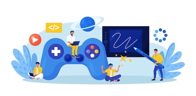 Game development Creative process of video game design Programming digital technology and coding Virtual world development interactive design visualization VR space exploring and simulation