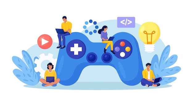 Game development playing online Creative process of computer video game design Digital technology programming Programmers coding digital game UI UX developers working on entertainment project