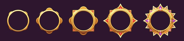 Game level frame Cartoon round UI avatar border kit circle game asset icons mobile web user interface GUI sprite collection Vector isolated set