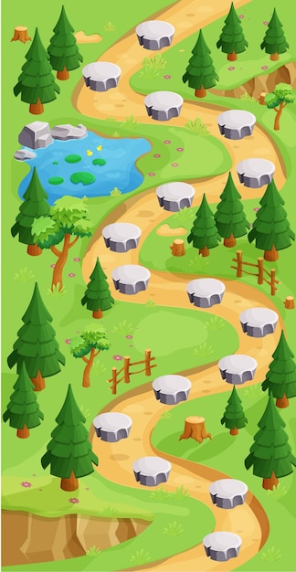 game map forest gui background, template in cartoon style, casual isometric view.
