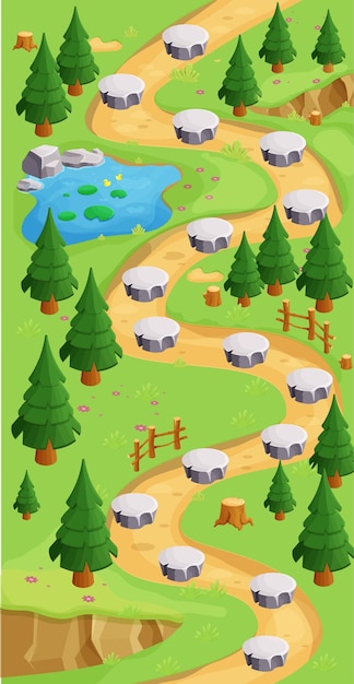 game map forest river gui background, template in cartoon style, casual isometric view.