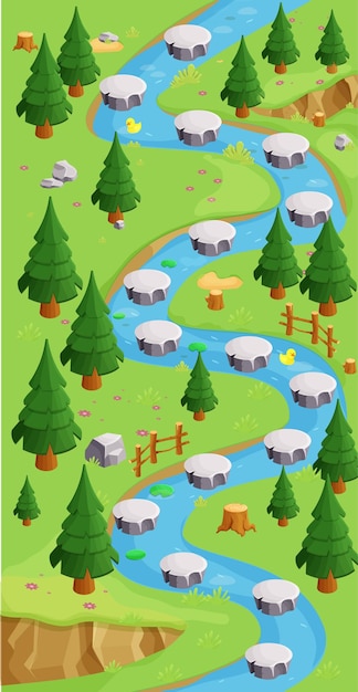 game map forest river gui background, template in cartoon style, casual isometric view.