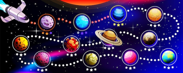 Game space UI planet map Sky level route Computer playing Astronaut travel Cosmic landscape Stars in mobile galaxy Interstellar path Universe exploration Vector design background
