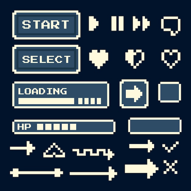 Game UI elements Set retro pixel with start buttons loading bars health points hearts controlsVector