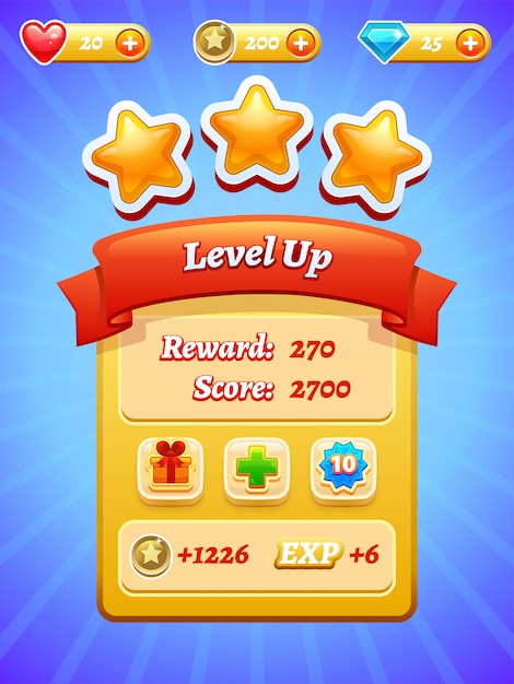 Game UI. Interface design. Stars. Level up. Mobile application.