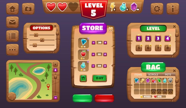 Game UI kit Cartoon menu and interface constructor asset RPG game elements map level character inventory achievements table Vector set
