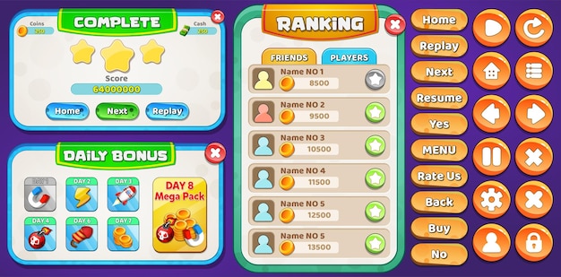 Game UI Kit: Pop op-skærme og spilelementer, baggrundsbonus