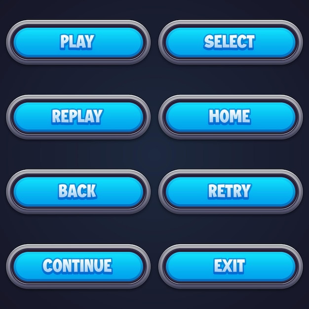 Game ui set of blue buttons in cartoon style gui to build 2d games cartoon casual buttons kit