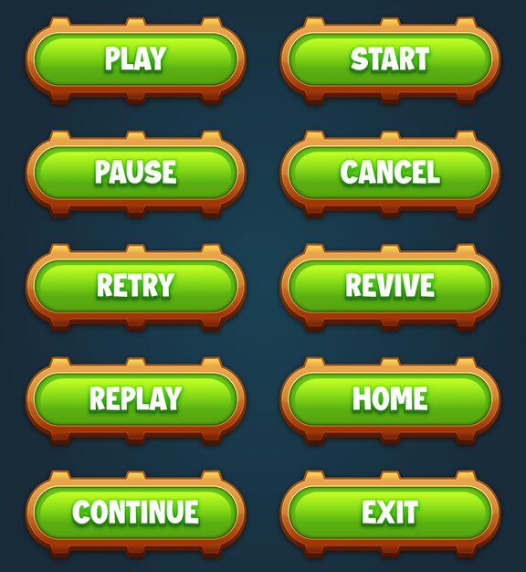 Game ui set of green buttons with editable text effect gui to build 2d games game buttons kit
