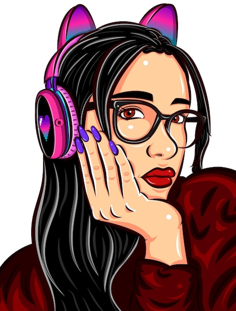 gamer girl wearing cat headphones, with glasses, red lips and red t-shirt, relaxed woman vector