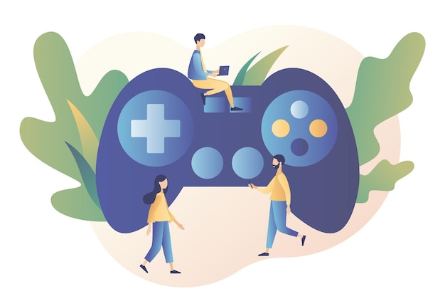 Gaming concept People gamers playing online video game Tiny people with a big controller Modern flat cartoon style Vector illustration on white background