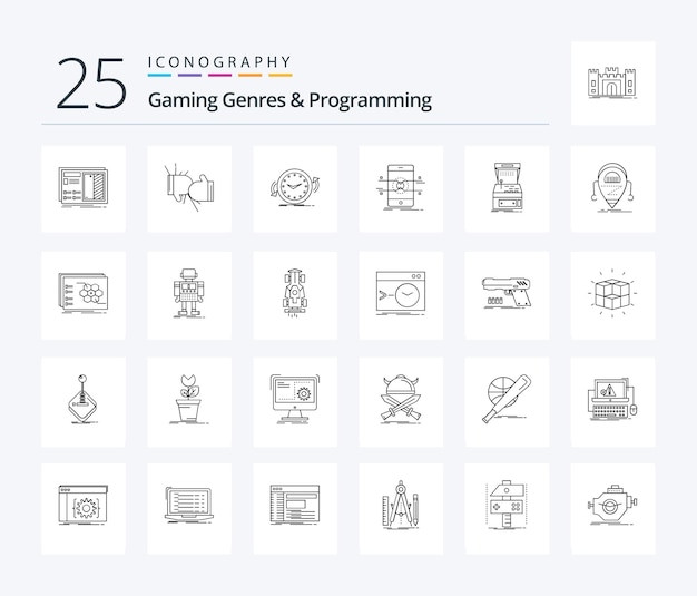 gaming genres and programming 25 line icon pack including mobile api fight time clockwise