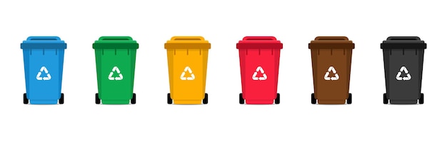 Garbage bins set. Colorful trash cans with recycling icon.