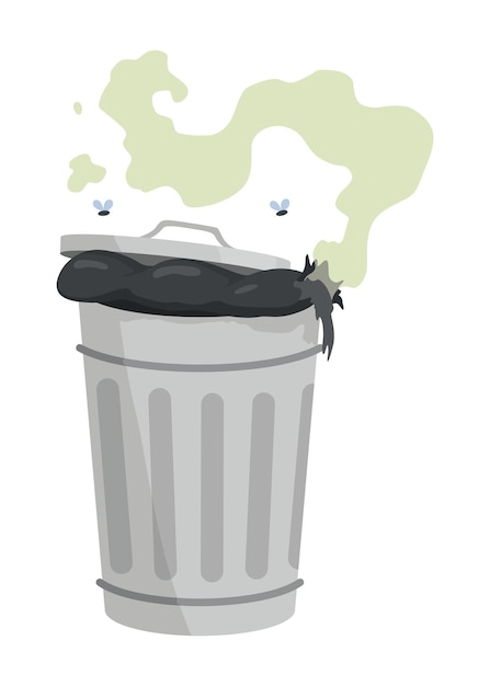 Garbage or waste icon Metal garbage container with unsorted trash Rubbish that smells ugly and started to decompose Ecology and environment concept Isolated on white background