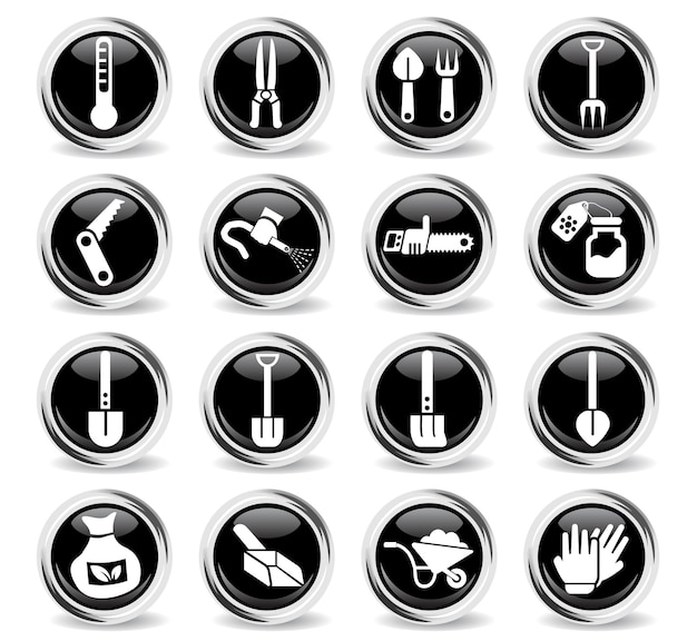 Garden tools icons on round black buttons with metal ring