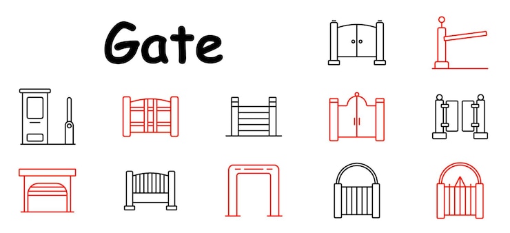 Vektor gate set icon turnstile garden gate barrier entrance arched bollards ticket booth security checkpoint metal gate archway sliding gate