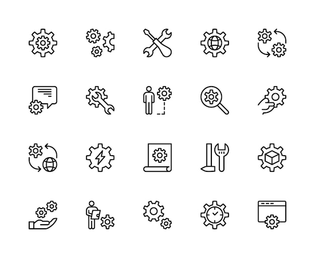 Gear and cogwheel vector linear icons set Contains such icons as mechanism gear tools rotation and more