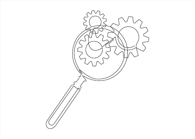 gears inside magnifying glass in continuous line drawing concept of business analysis