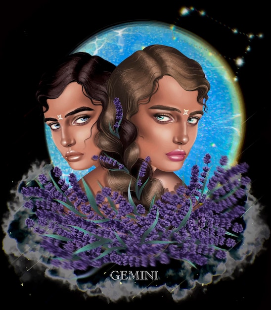 gemini zodiac with lavender flowers